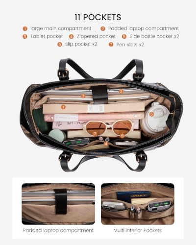 Image of LOVEVOOK Laptop Tote Bag for Women, Vintage Leather 15.6 Inch Work Tote with Large Water Bottle Pocket, Teacher Nurse Professional Computer Bag, Office Briefcase Handbag Gift, Black