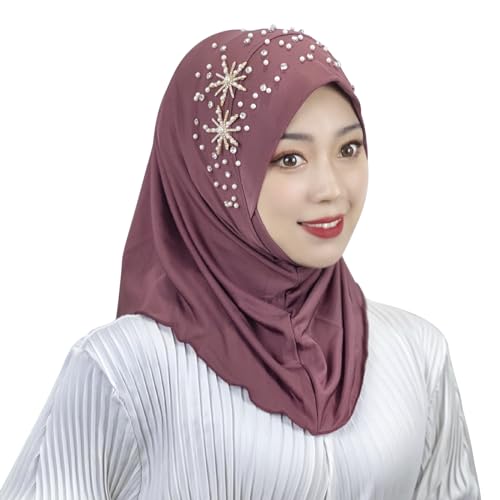 JIAHG One Piece Bling Rhinestone Pearl Hijab Scarf for Women Muslim Plain Color Long Instant Turban with Flower Tassel Accent2