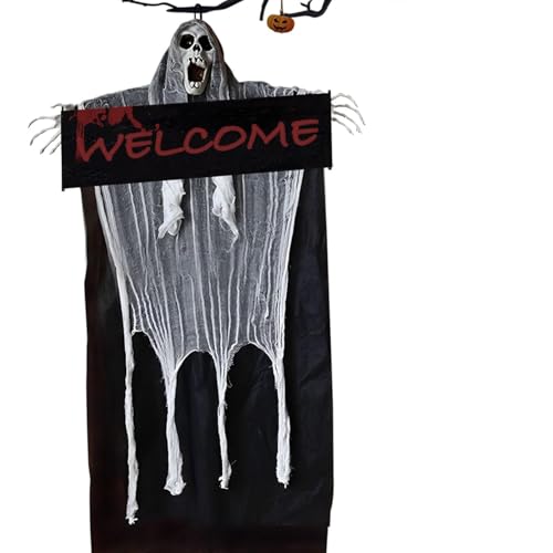 PAPU 150 cm Halloween Deko Hängende Geister mit Welcome Schild,Horror Sensenmann Dekorationen Ghost zum Aufhängen Halloween Deko Gruselig Geist für Spukhaus-Requisiten,Garten Outdoor,Hof Rasen