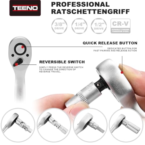 TEENO 172 Piece 1/4" 3/8" &1/2" Drive Socket Set with Bits Set, 72 Quick Release Ratchet Wrench,Chrome Vanadium,Satin Matte, CR-V Mechanic Tool Set for Car Bicycle Repair&DIY 3 TEENO 172 Piece 1/4" 3/8" &1/2" Drive Socket Set with Bits Set, 72 Quick Release Ratchet Wrench,Chrome Vanadium,Satin Matte, CR-V Mechanic Tool Set for Car Bicycle Repair&DIY - Image 3