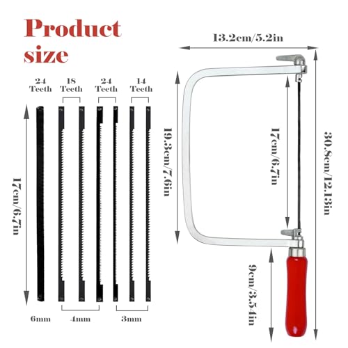 Laubsäge Set inkl. 7 Sägeblätter, Laubsägebogen für Metall und Holz, 360 Grad drehbar Mit Holzgriff Laubsäge mit Sortierte Sägeblätter Präzise Schnitte Feinsäge Holzarbeiten (14/18/24 Zähne)
