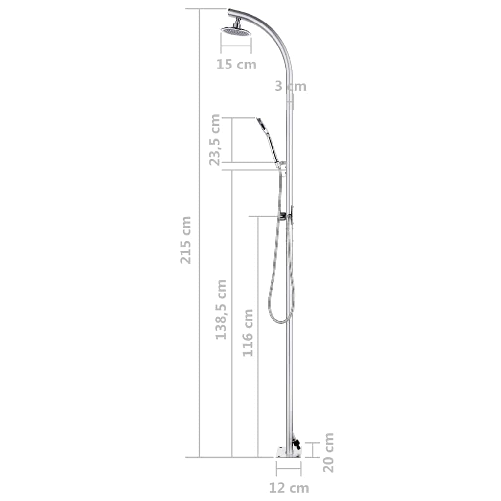 Doccia da giardino in alluminio, altezza 215 cm, con soffione e doccetta per giardino, piscina, vasca idromassaggio, accessorio per esterni, terrazza, uso estivo, resistente alle