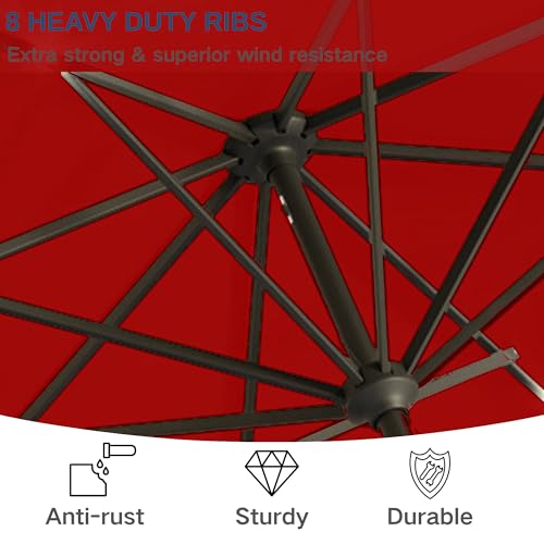 Image of 9' Solar LED Patio Umbrella with Tilt & Crank|8 Sturdy Ribs,UV Protection,Outdoor Market Table Umbrella for Deck,Lawn,Pool,Backyard (Red)