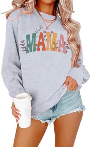 Mama Sweatshirts for Women Cute Mama Graphic Crewneck Sweatshirts Fall Long Sleeve Pullover Tops Light Gray