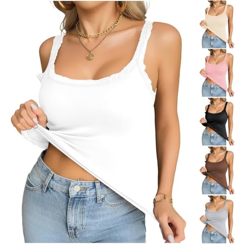 Vest Top with Built in Bra UK, Lace Camisole Tops for Women - Summer Breathable Round Neck Sleeveless Vest Comfortable Casual Basic Tank Undershirt for Daily Wear White