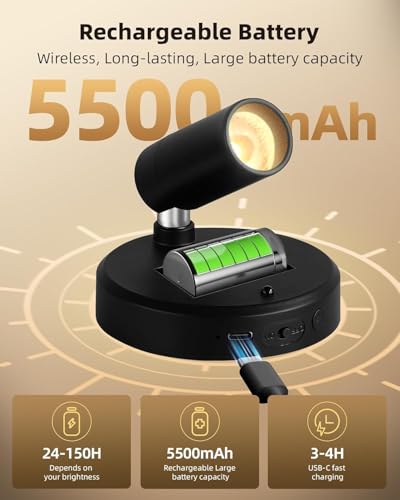EZVALO Spotlights Indoor with Remote, 5500mAh Rechargeable Picture Lights, Wireless LED Uplighting with Timer＆Dimmable, 3CCT, Display Lights for Plant Painting, Artwork, Accent Lighting (2Pack-Black)