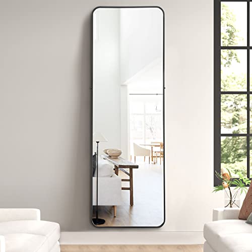 Image of NeuType 65 inchx22 inch Full Length Mirror Floor Mirror with Stand Large Bedroom Mirror Wall-Mounted Mirror Standing or Leaning Against Wall Aluminum Alloy Frame Dressing Mirror, Black, Round Corner
