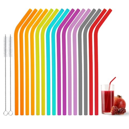 16 Pièces Silicone Réutilisable Pailles Courbées pour Boissons Froides, Sûr et Écologique pour Cocktails, Jus, Thé au Lait avec 2 Brosses de Nettoyage