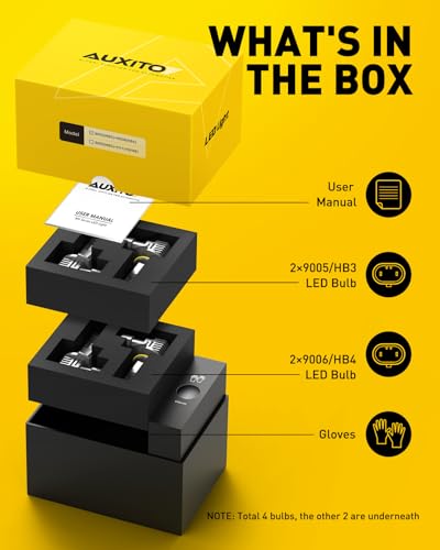 Image of AUXITO 9005 9006 Bulbs, 80,000LM 15X Super Output, 6500K Cool White, Long Lifespan, 1:1 Mini Size Replacement Light Bulbs, Plug-N-Play, Pack of 4