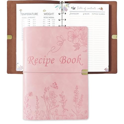 Image of leeveel Blank Recipe Book to Write in Your Own Recipes, 5.6 X 8.2 Recipe Ring Binder with PU Leather Cover, Recipe Journal with 160 Recipes (pink)