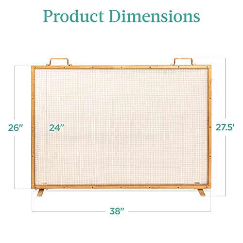 Best Choice Products 38x27in Single Panel Fireplace Screen Handcrafted Steel Mesh Spark Guard for Living Room, Bedroom D&eacute;cor w/Handles - Antique Gold