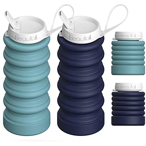 BEAUTAIL Collapsible Water Bottles 2 Pack Silicone Foldable Portable Water Bottle 20oz Spout Lid Reusable Leakproof for Travel Gym Camping Hiking Cycling Yoga Sports Outdoor, Blue+Dark Blue Cover