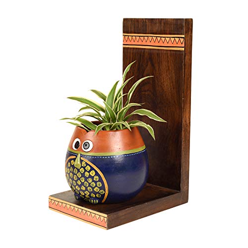Image of AAKRITI ART CREATIONS Hooting Owl Wall Decor Shelf with Earthen Planter | Handmade Wooden Wall Hanging Shelf with Terracotta Planter | Matte Finish Wall Art for Living Room, Balcony & Gifting