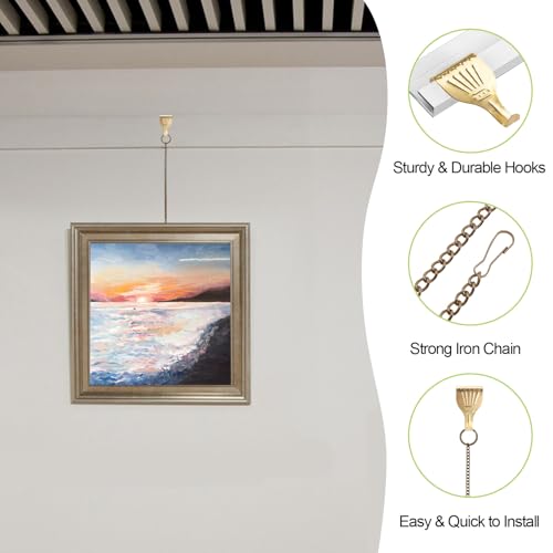 Image of Picture Hanging Kit 10Pcs Picture Rail Hooks with 10Pcs Chains, Metal Rail Hanging Hooks Picture Display Hanging System for Wall Picture, Exhibition(Bronze)