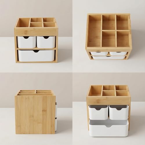 Ninebendstreams Bambus-Make-up-Organizer mit 3 Schubladen, Kommode, Kosmetik-Organizer, Bambus-Schreibtisch-Organizer für Zuhause mit verstellbaren Trennwänden