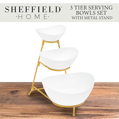 3 Tier Large Serving Bowls Set - Microwave & Dishwasher Safe Stoneware Fruit Bowl with Collapsible Gold Metal Stand - Bowls for Kitchen, Dinner Parties, Desserts, Chip and Dip & Side Dishes (White)
