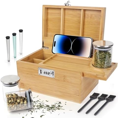 TISEMENT Large Bamboo Box with Combination Lock, Decorative Storage Box with Detachable Compartment, Wooden Boxes with Alright Jars & Brushes as Great Gift Choice. Cover