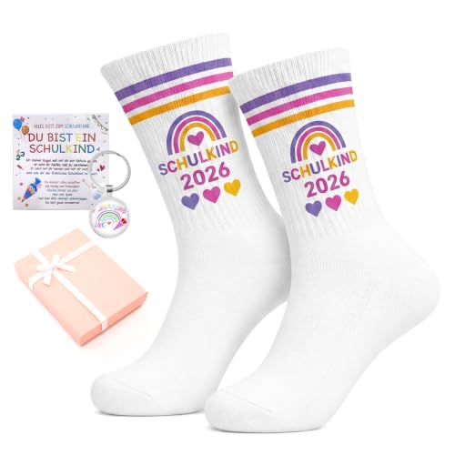 Fractoluxe Schulkind Socken Mädchen 28-35 Socken Schulkind 2026 Baumwolle Einschulung Mädchen Junge Sockens Schulanfang Geschenk mit Schlüsselanhänger und Grußkarten