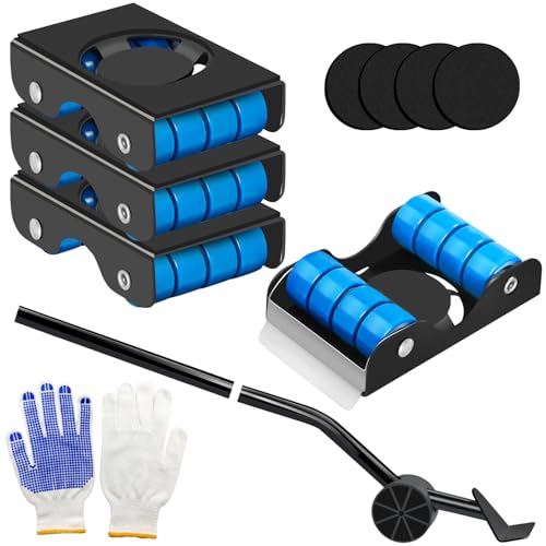 Furniture Mover with Wheels,Upgraded 11PCS Brakeable Furniture Lifter with 4 Sliders, Lever & Gloves - Appliance Mover for Sofa, Fridge, Washer, 350KG Load Capacity