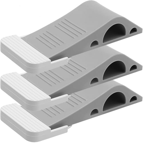 Premium Door Stopper - Grey, 3 PK - w/Convenient Self-Adhesive Holders for Hotel Rooms - Heavy-Duty TPR Rubber Door Stop Set for Door Bottom