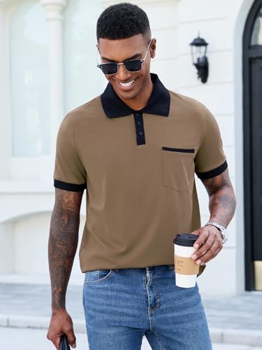Image of Men's Casual Polo Shirts Summer Short Sleeve Contrast Collar Buttoned Tee Polo Shirt with Pocket