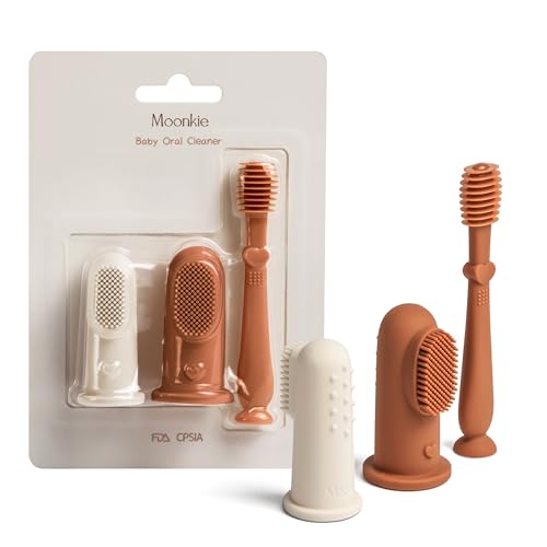 Image of Moonkie Baby Finger Toothbrush Tongue Oral Cleaner Kit for 3 Months +, 3 Pcs (Clay/Ivory/Clay)