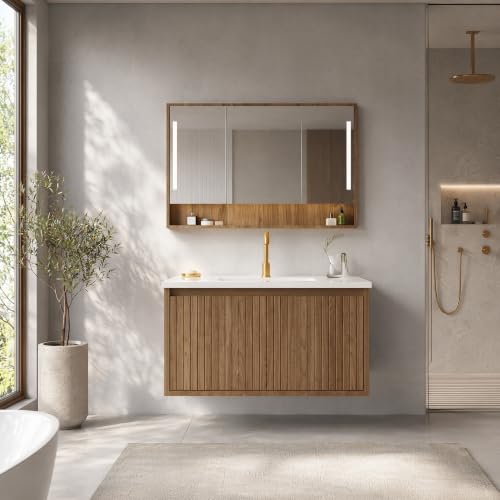 Image of 30 Inch Floating Bathroom Vanity with Ceramic Sink, Modern Striped Wall Mount Vanity Cabinet with Compartmentalized Storage Drawer, Walnut