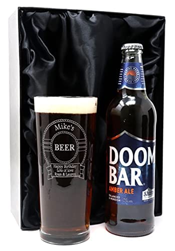 Personalised Engraved Pint Glass & Beer Gift Set - Beer Design (Sharp's Brewery Doom Bar Amber Ale, Silk Lined Gift Box)