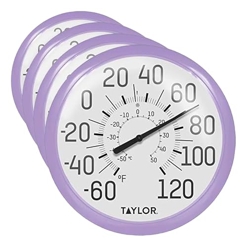 Image of Taylor Big and Bold Wall Dial Thermometer, Indoor Outdoor Thermometer, Wireless Thermometer with Easy to Read Numbers for Patio, Pool, Garage and Indoor Areas, 13.25-inch, Lilac (Pack of 4)