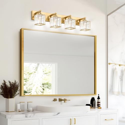 Image of Gold Crystal Bathroom Vanity Light, 4-Light Modern Bathroom Lighting Fixtures Over Mirror,Chrome Wall Sconce Light Fixtures with Square Shade