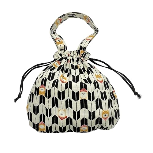 おさんぽ巾着 巾着袋 手持ち付き 小物入れ 和柄 小物袋 猫 柴犬 ミニトート バッグインバッグ 日本製 CW-005 (No-01)