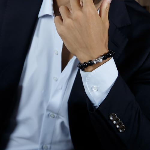 AWNL® Men's Beaded Bracelet with Sterling Silver Engraved Runes Charm 12mm Bronzite Dumortierite Obsidian Natural Gemstone Gift for Men, 6.1''-7.9''2