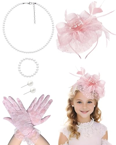 Girls Blush Pink Tea Party Fascinators Hats with Lace Gloves Pearl Necklace Earring Jewelry for Tea Party Wedding Accessories