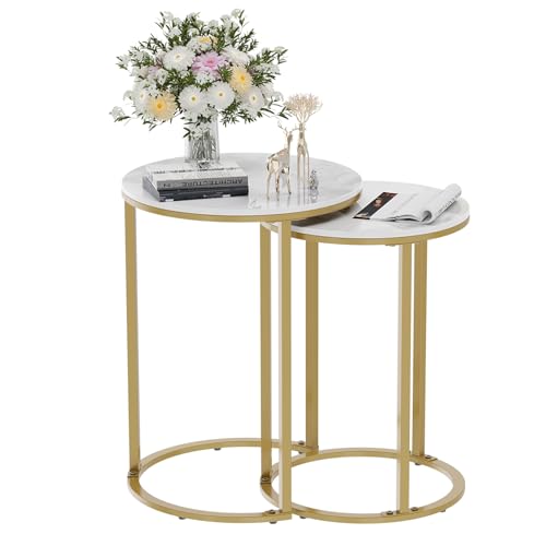 Marble Top Side Table Gold: 2 Nesting Small Sofa End Tables Round Bedside Nest Sets High Gloss Sintered Stone Marble Tabletop with Golden Metal Legs Nested Accent Tables for Living Room Offices