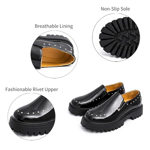 Men's Patent Leather Chunky Platform Rivet Loafers Round Toe Slip-On Non-Slip Lug Sole Dress Shoes Comfortable Causal Business Work Wedding Formal Shoes3