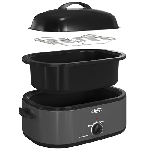 Sunvivi Roaster Oven with Self-Basting Lid,20 Quart Electric Roaster with Removable Pan & Rack,150-450°F Full-Range Temperature Control with Defrost/Warm Function,Stainless Steel,Grey