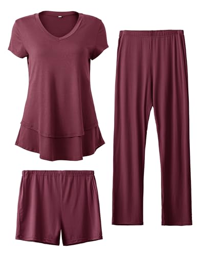 Image of SUNNYBUY 3 PCS Maternity Breastfeeding Pajamas Set, Hidden Nursing Tops, Adjustable Pregnancy Shorts & Pants Postpartum PJS