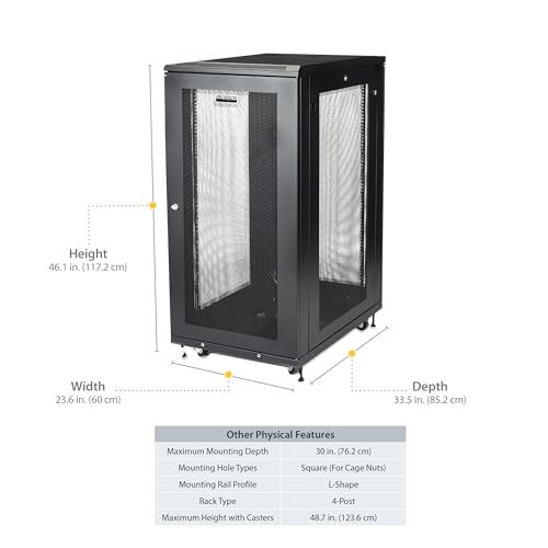 Image of StarTech 24U 4-Post Server Cabinet, 29in Deep, 992lb, Shelf (RK2433BKM) | 19in enclosed steel rack, Adjustable depth 1.8in-29in, Lockable mesh doors, Ships assembled, Casters, 450kg