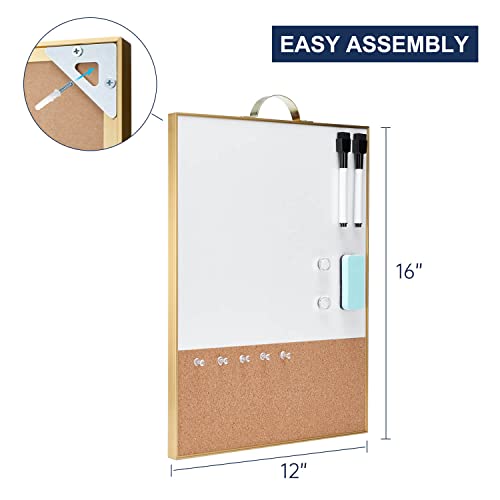 Image of TSJ OFFICE Small Combination Board - 16 inch X 12 inch Portable Aluminum Gold Framed Magnetic Dry Erase Board for Wall, Small Bulletin Cork Board with Holder for Office, Home and School