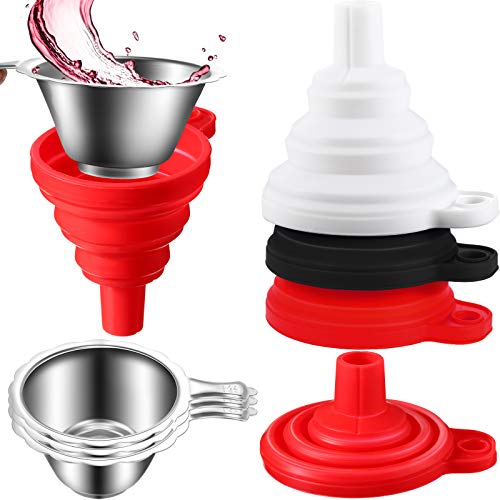 6 Pack 3D Printer Accessories Include Collapsible Silicone Funnels and Stainless Steel Resin Filter Cups for Pouring Resin Back into Bottle Red Black White