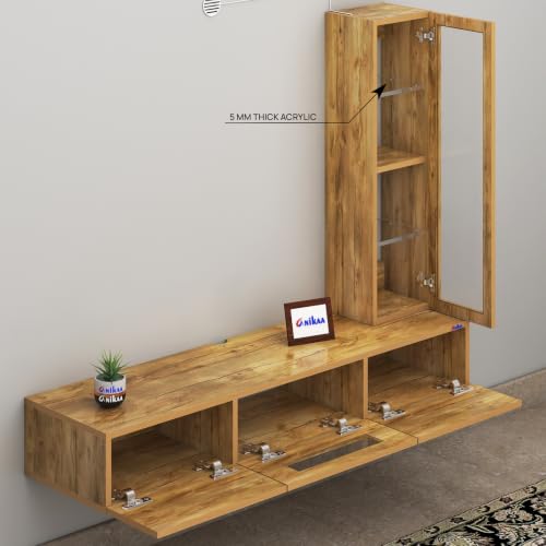 Image of Anikaa Lucen Ultra Modern Wall-Mounted TV Unit with Storage Cabinet and Light |3 Flip-Down Storage Doors, Acrylic Shelves & Engineered Wood Construction | Fits Up to 43 Inch TV | GiantWood Finish-DIY