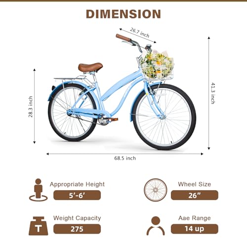 Image of WEIZE Beach Cruiser Bike, 24 & 26 inch Commuter Bicycle for Adult Men and Women,High-Carbon Steel /Front & Rear Fenders, Comfortable City Bikes with Rear Rack or Basket, Ergonomic Upright Design