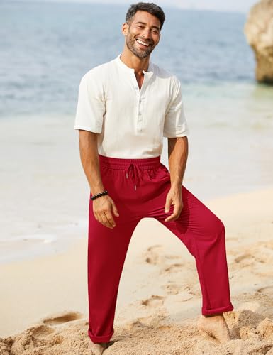 Image of iWoo Linen Pants Men Casual 2025 Summer Beach Elastic Drawstring Waist Yoga Pants Travel Baggy Work Pant Pajama