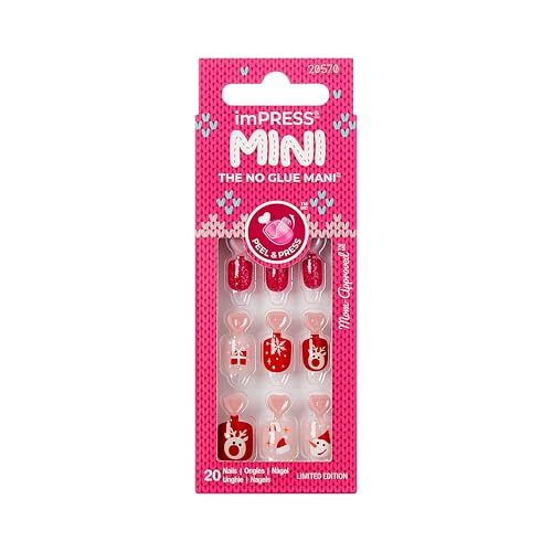 KISS imPRESS MINI Holiday Press On Nails for Kids Cozy Red Child Size Squoval Shaped Mess-Free Mom Approved Non-Toxic Breakaway Application Tabs Nail File 20 Fake Nails