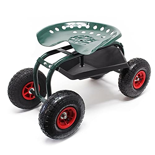 SGABELLO DA GIARDINO CON RUOTE E VANO PORTA ATTREZZI SEDILE GIREVOLE E REGOLABILE IN ALTEZZA VERDE