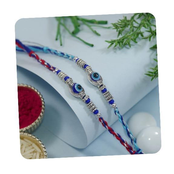 Image of I Jewels Enamel Evil Eye Pearl Rakhi With Roli Chawal & Rakshabandhan Card for Bro /Brother /Bhai (R344Sb-Re) (Pack of 2)