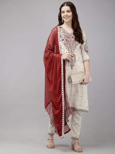 Image of Vedic Cotton Kurta Pant Set With Dupatta For Women Festival Wear | Printed Kurta Pant and Dupatta | Embroidered Straight Kurta Pant With Dupatta Set For Women