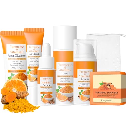 Turmeric Skincare Set -Mothers Day Hamper- Skin Care Sets & Kits For Brightening,Clearing Blackheads,Moisturizing - Birthday Gifts For Women - Skincare Gift Set With Vitamin C & Turmeric