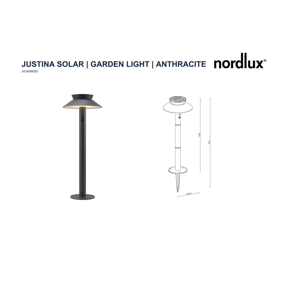 Nordlux Justina Solar Pollerleuchte, IP44, 400L, 3000K, 5W, Höhe 600mm, anthrazit (2418098050)