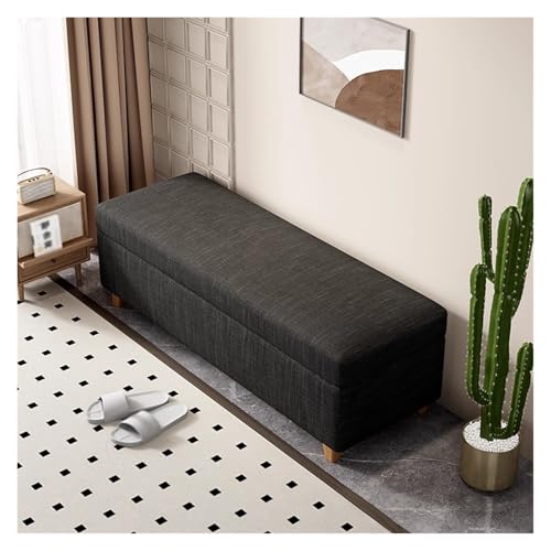 Banco otomano tapizado moderno de mediados de siglo, elegante reposapiés de lino con baúl de almacenamiento largo para sala de estar, color negro, 100 cm